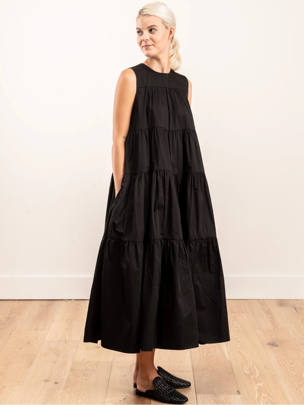 CO Essentials Tiered Midi Dress Sleeveless Cotton Black Size L